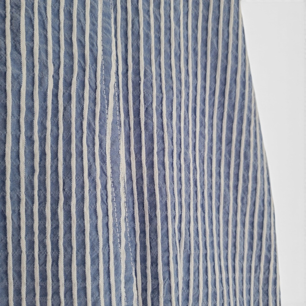 WHBM Vertical Stripe Blue White Seersucker Drop Waist Midi Dress Size 0 Pocket - Picture 6 of 8